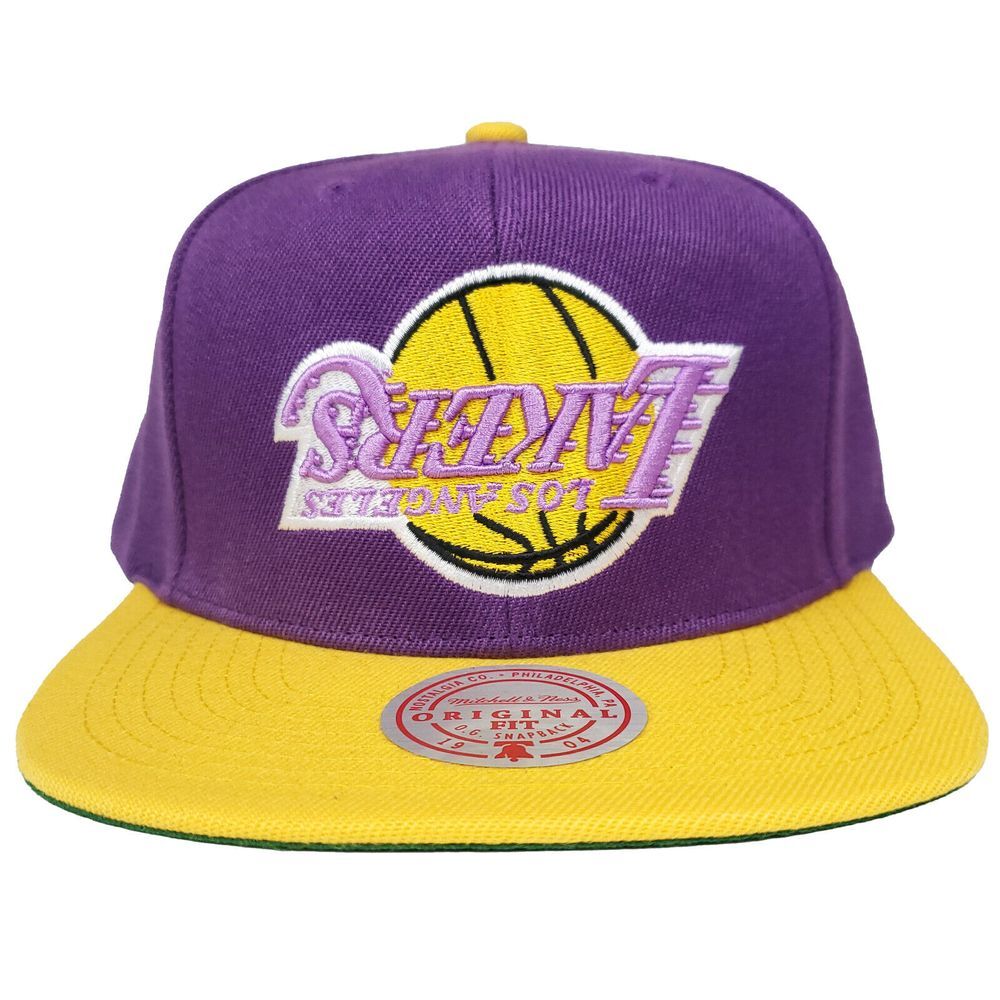 LA Lakers Mitchell & Ness NBA Snapback Hat Cap Flipped 3D Logo Purple Yellow NWT